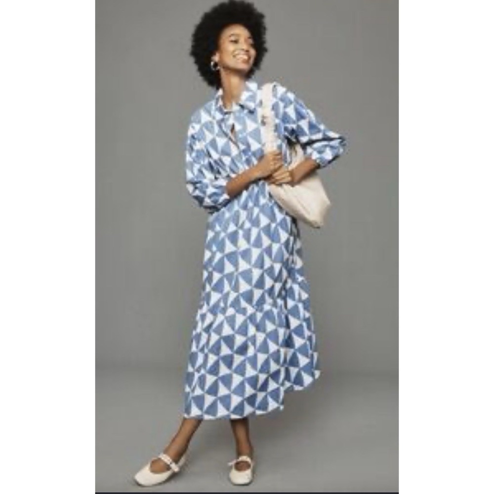 Maeve Anthropologie The Bettina Tiered Shirt Dress Blue White Geometric - Picture 8 of 9